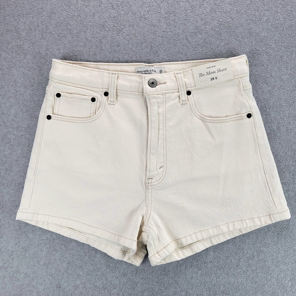 Abercrombie & Fitch The Mom Short Women 28 6 Cream High Rise Stretch Denim